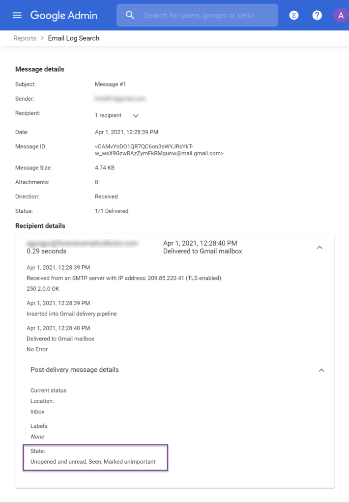 Google Workspace Post-delivery Message Status